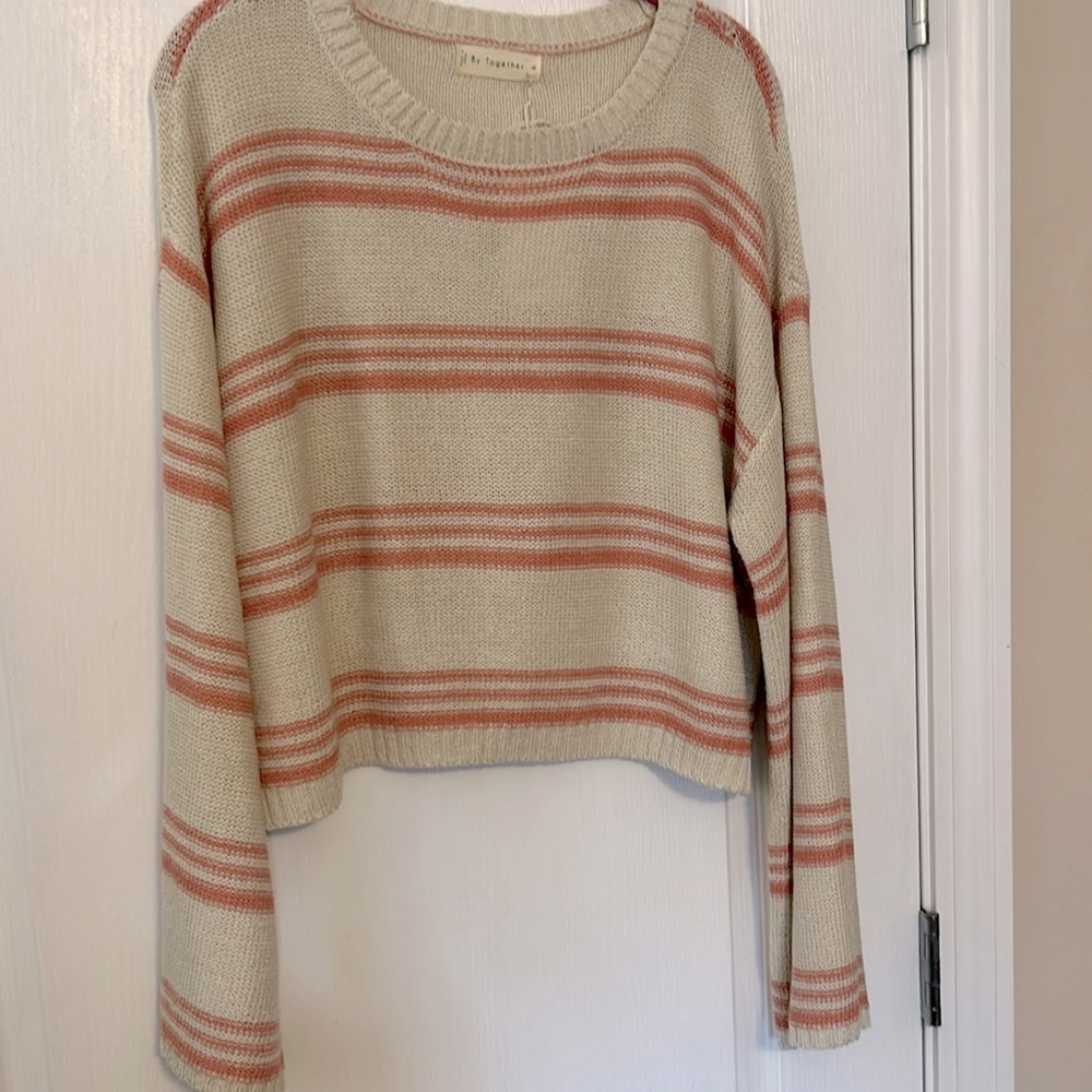 By Together coral and beige striped sweater w/ bell sleeves lightweight top - Picture 2 of 4